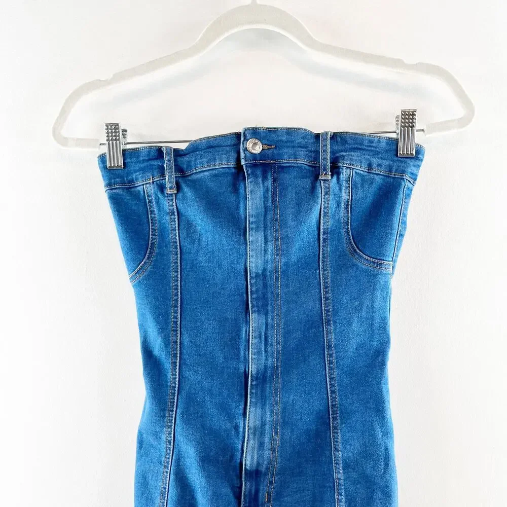 Edikted Strapless Ebony Bodycon Denim Mini Dress Blue Small - Picture 4 of 8